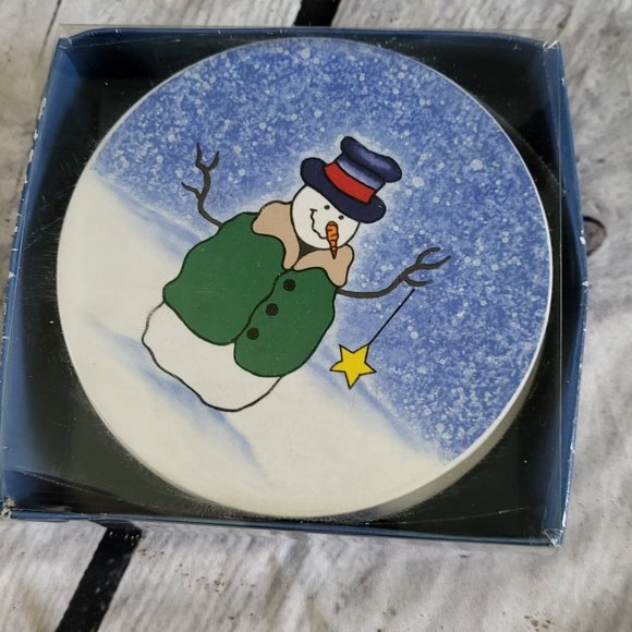 St. Nicholas Square BUTTON UP 4.25" Drink Coaster 4P Set  Snowman Blue White NEW - Picture 1 of 4